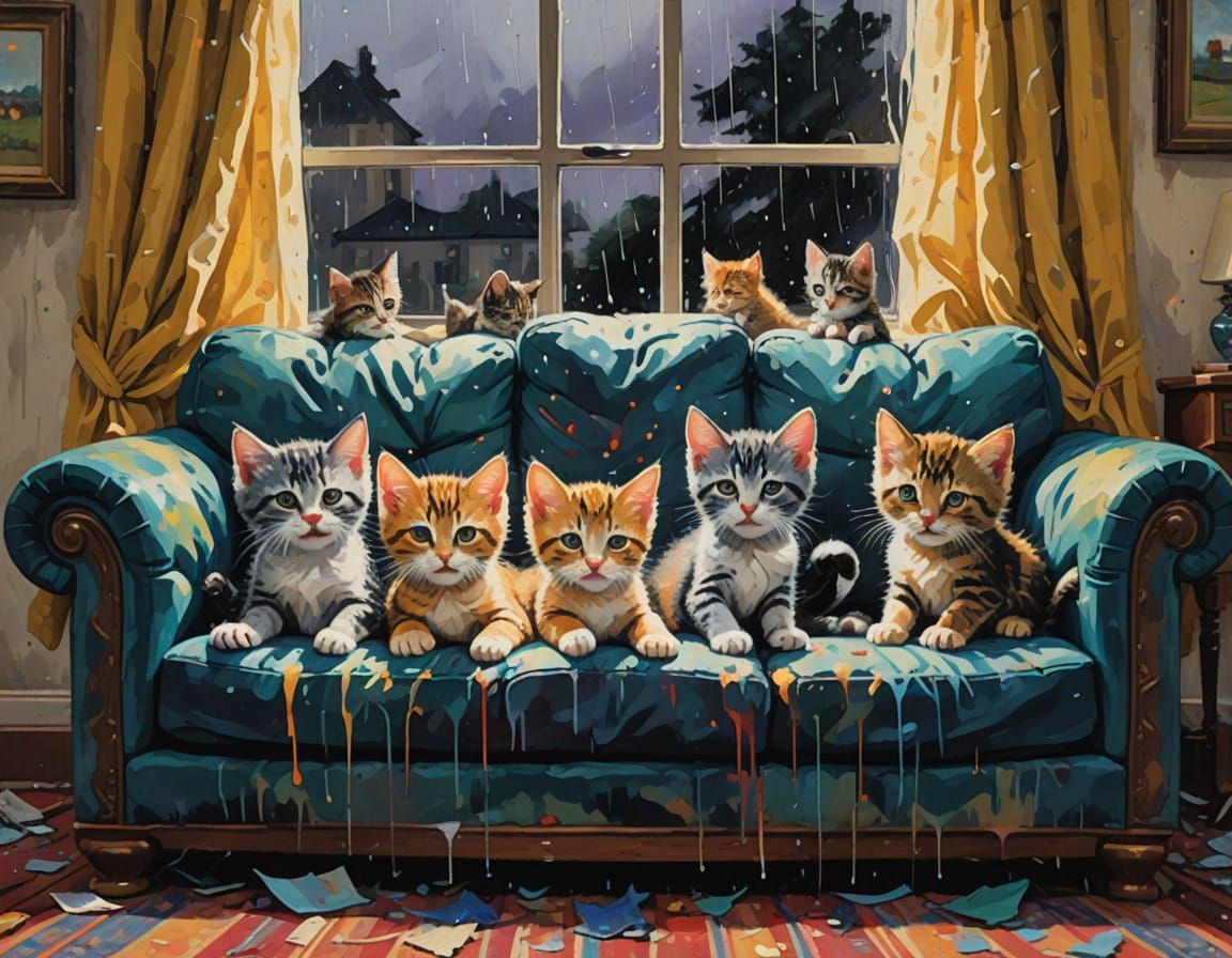 Whimsical Kittens at Play in a Stormy Landscape