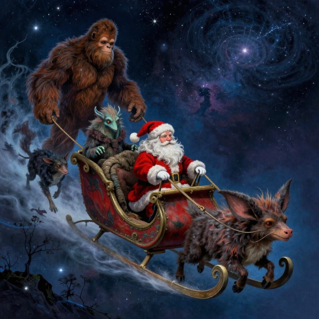 Santa Claus with Cryptids in Cosmic Night Sky