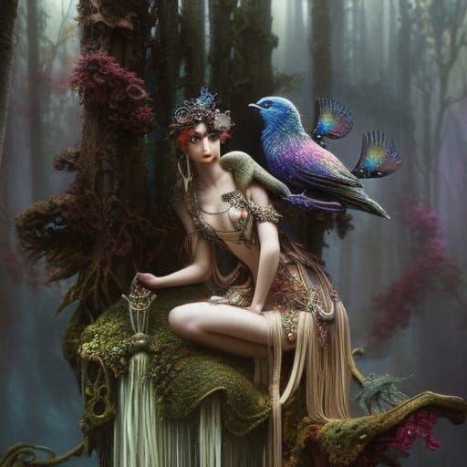 Glass Ceramic Woodland Elf with Crow: 3D Art