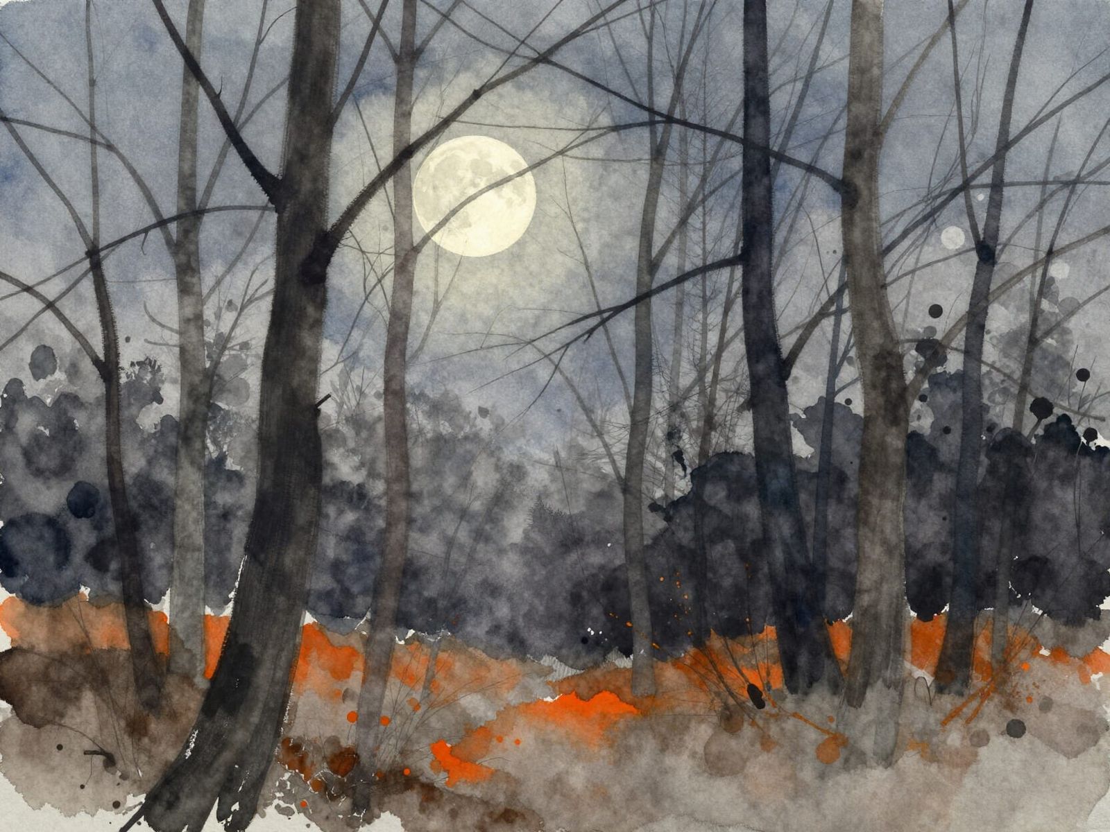 Moonlit Forest Watercolor Painting with Orange Accents