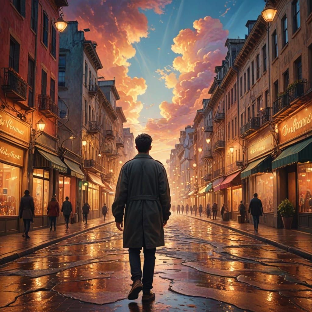 Surreal Cityscape Oil Painting at Golden Hour