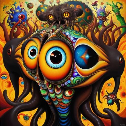 Surreal Creatures with Piercing Eyes in Oil Painting