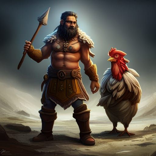 Half-Orc Barbarian with Chicken Companion: Fantasy Art