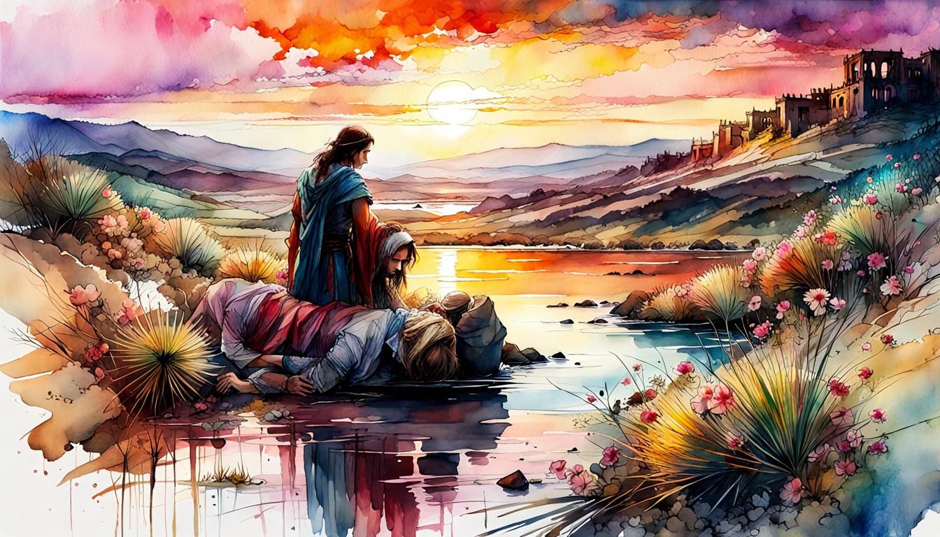 Good Samaritan Helping Traveler: Digital Watercolor Illustra...