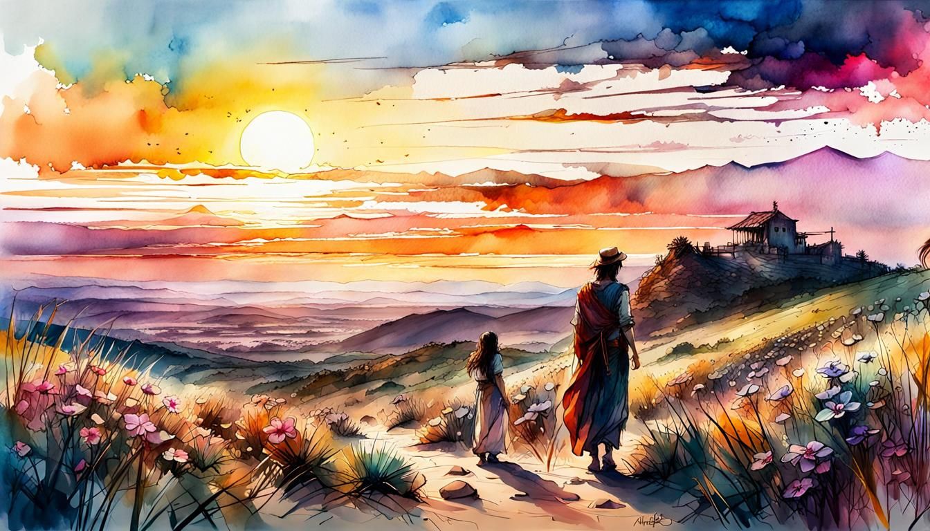 Good Samaritan Helping Wounded Traveller, Watercolor Illustr...