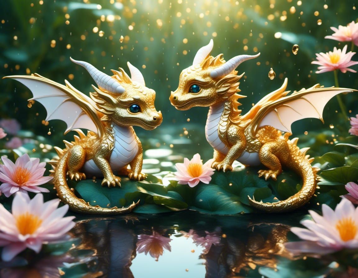 Adorable gold and white twin baby dragons  playing in the li...