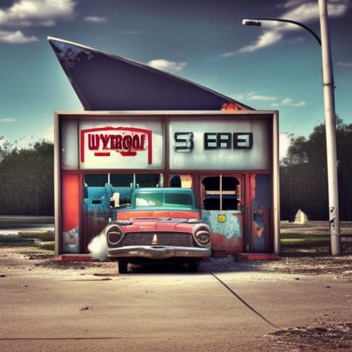 Dystopian Retro Gas Station in Hyperrealistic Style
