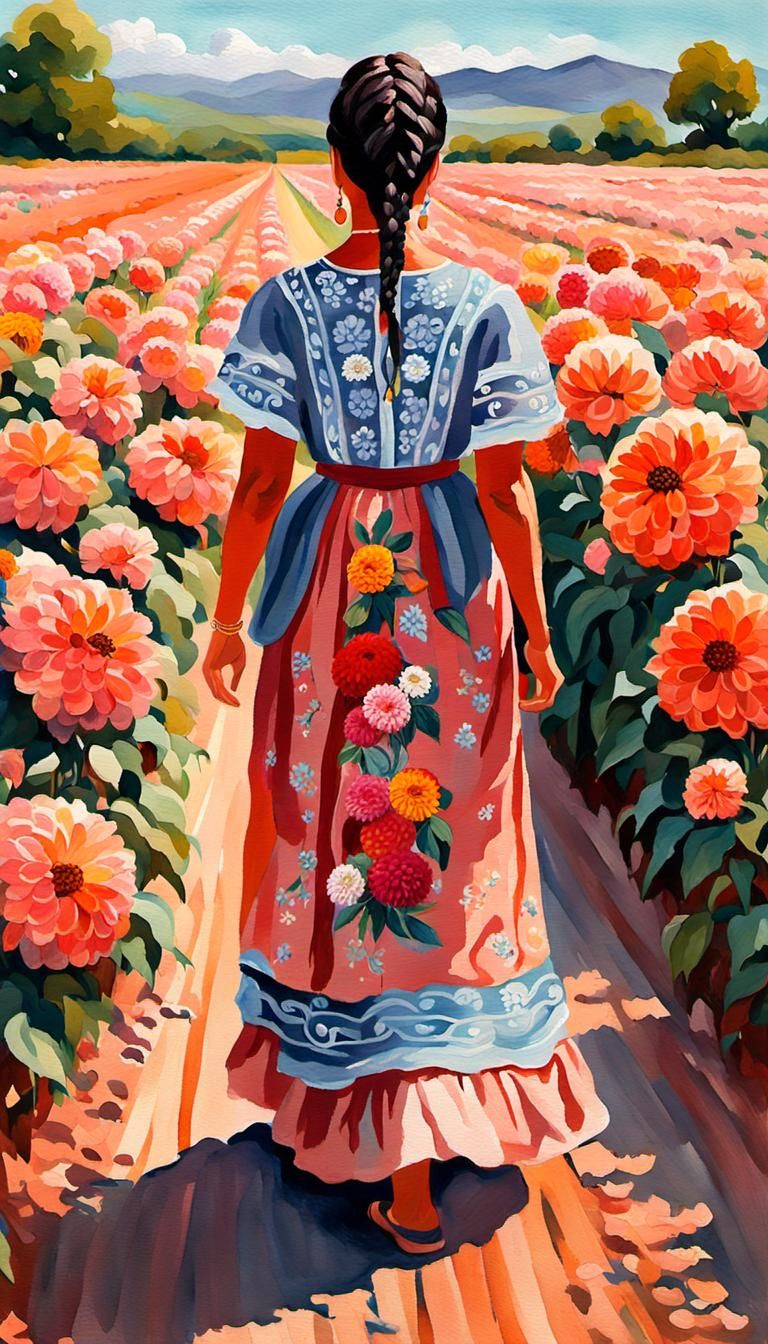 Mexican Woman in Dahlia Field Gouache Painting