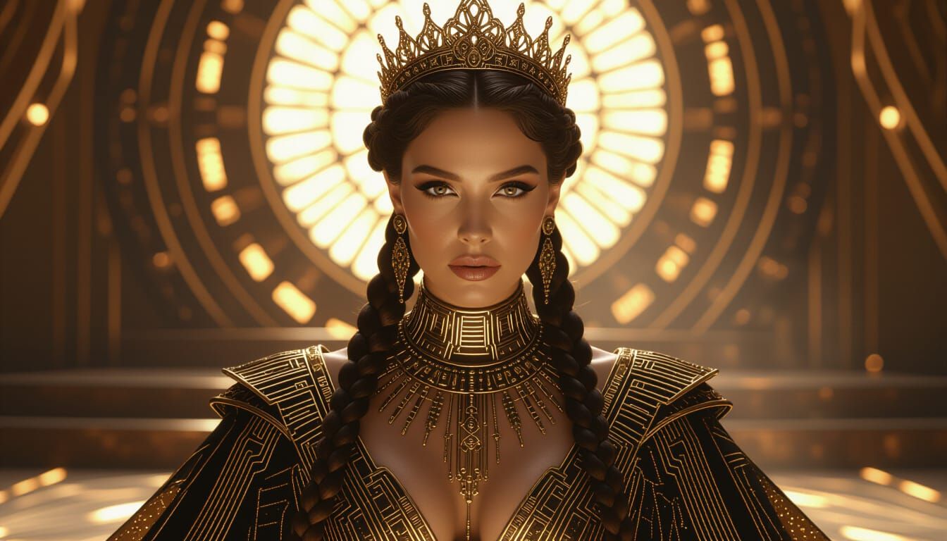 Regal Woman in Gold Circuitry Gown and Glowing Obsidian Jewe...