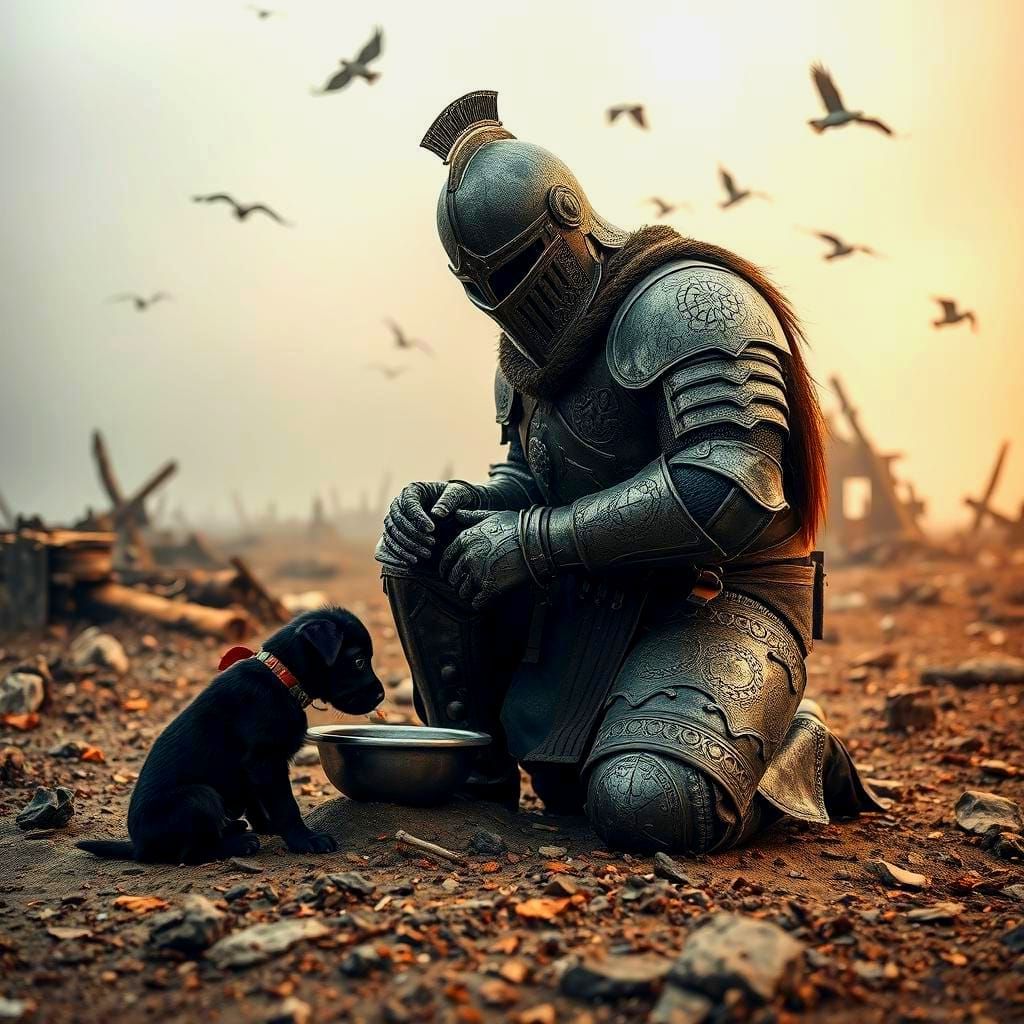 Knight Feeds Puppy Amidst Battle Scars