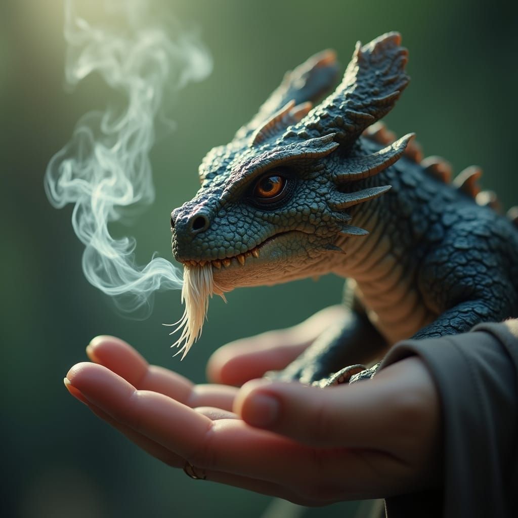 Dragon with White Beard in Hand: Cinematic Film Still