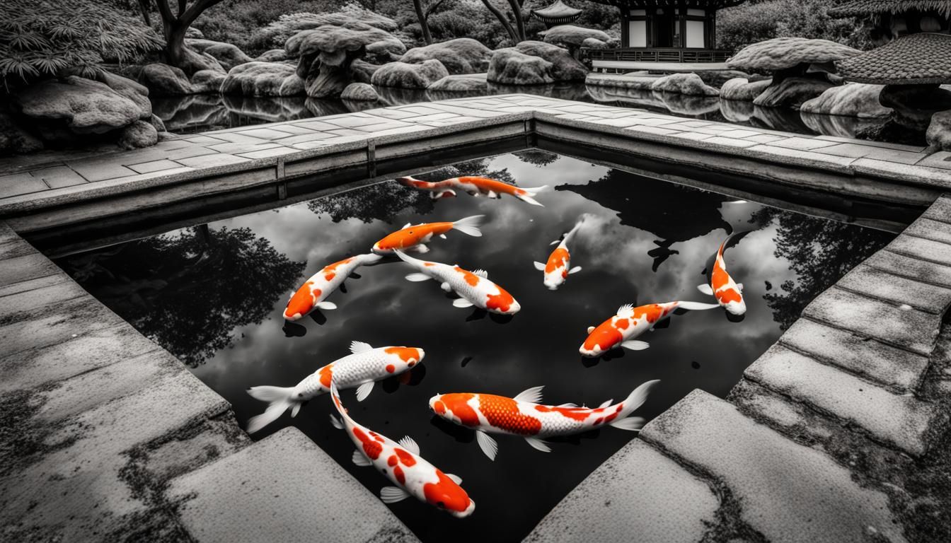 Koi Fish in Zen Garden Pond: Underwater View