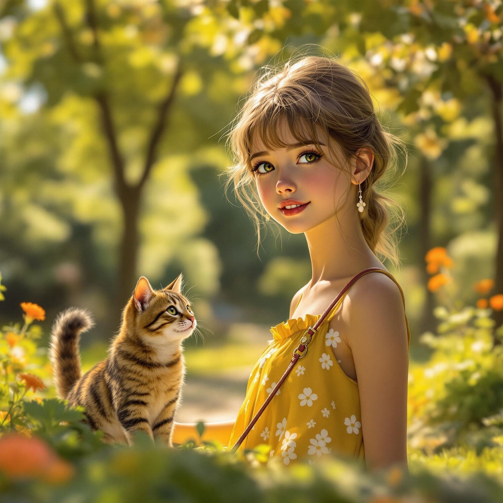 Stunning Hyperrealistic Portrait of Girl and Tabby Cat in Su...
