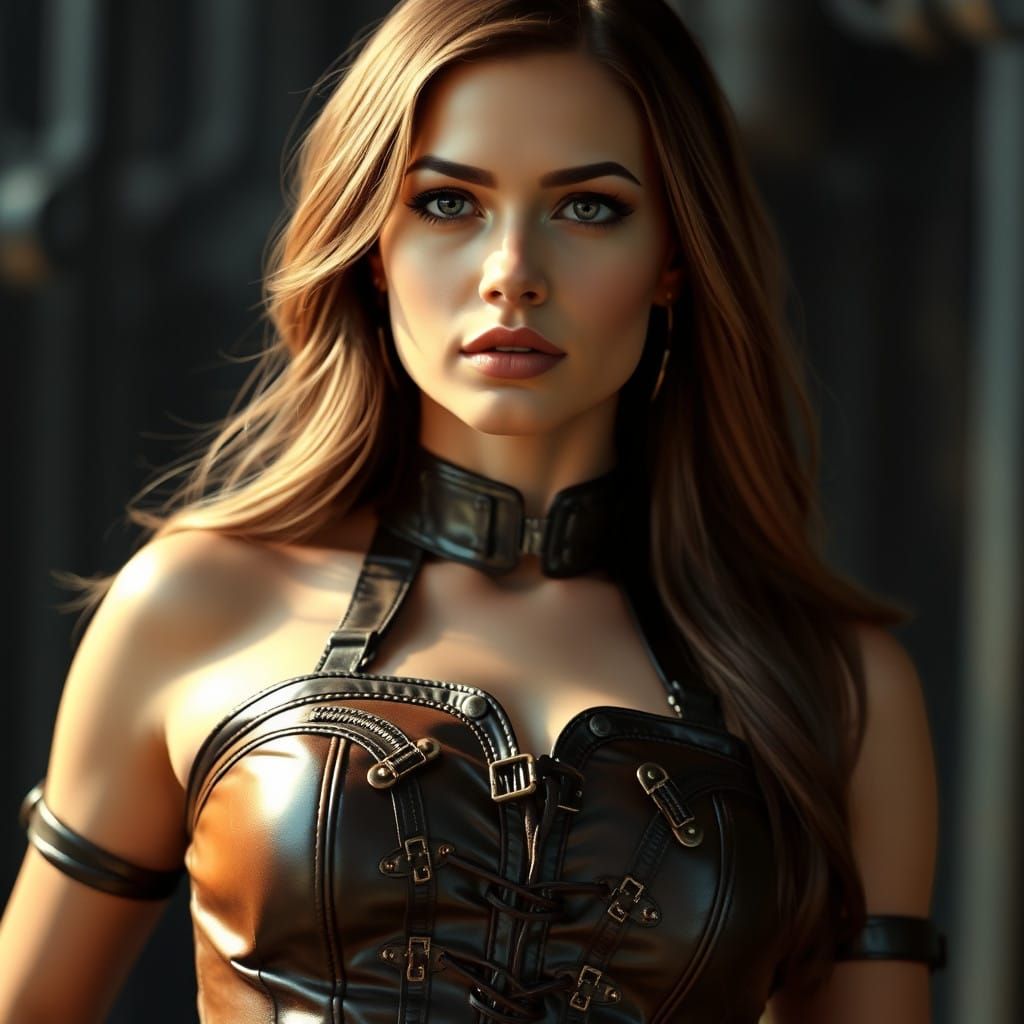 Glamorous Woman in Intricate Leather Armor in Dystopian Land...