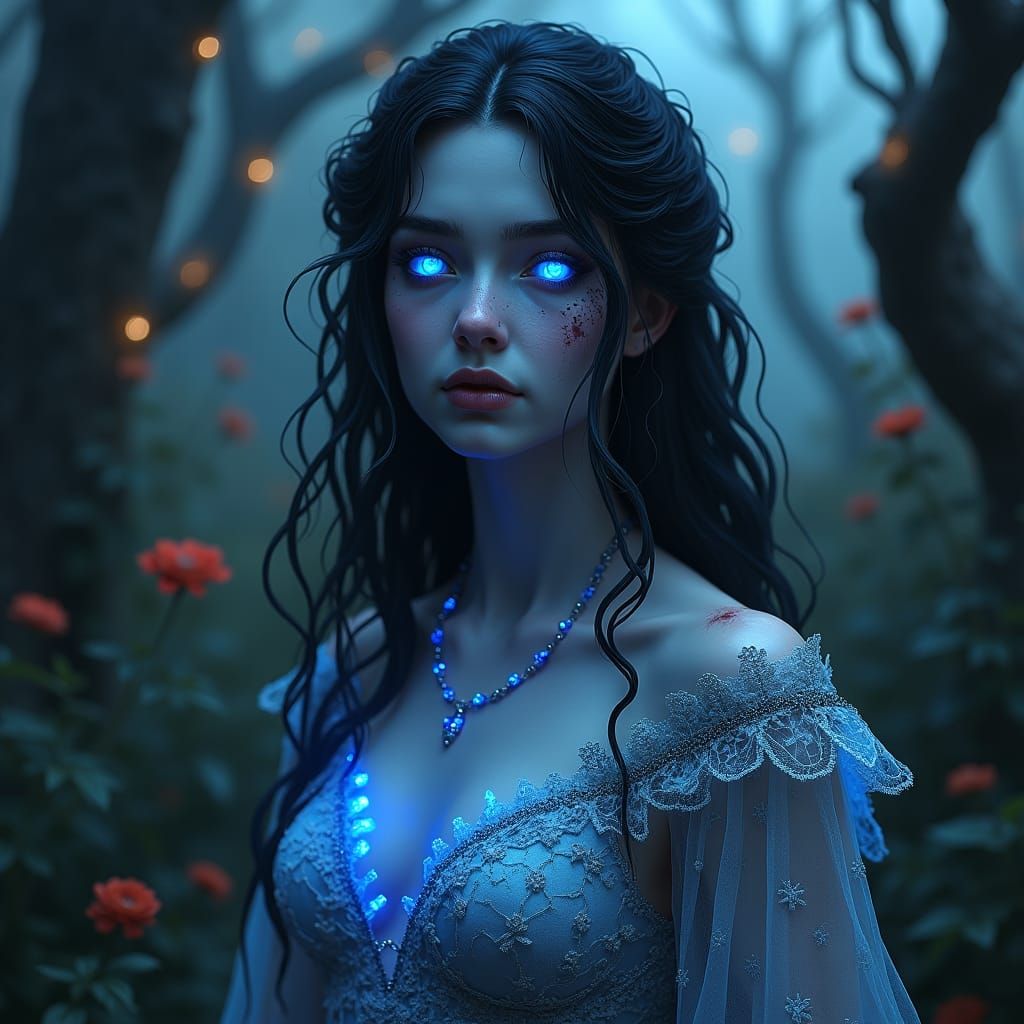 Undead Princess with Blue Eyes in Dark Forest