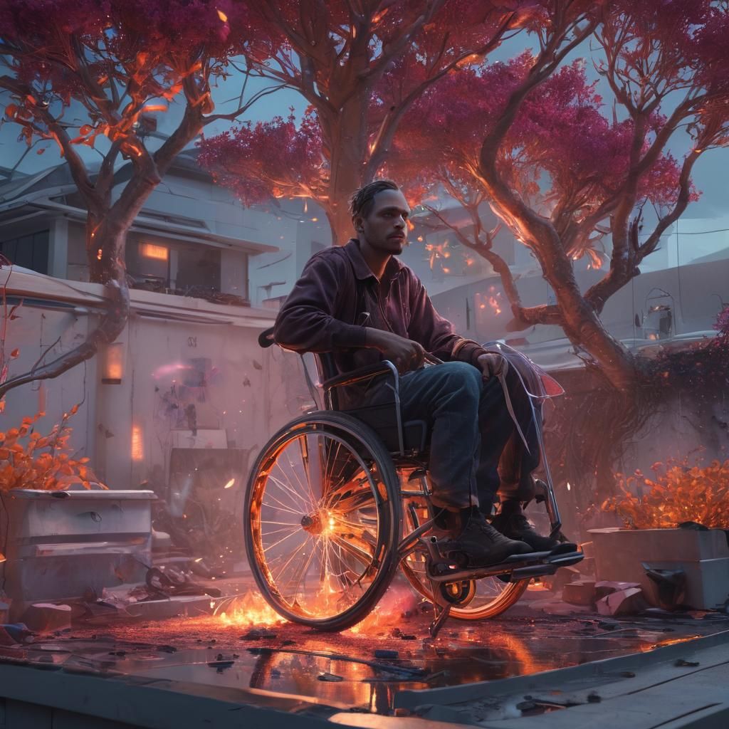 Man in Flaming Wheelchair on Rooftop, Comic Book Style