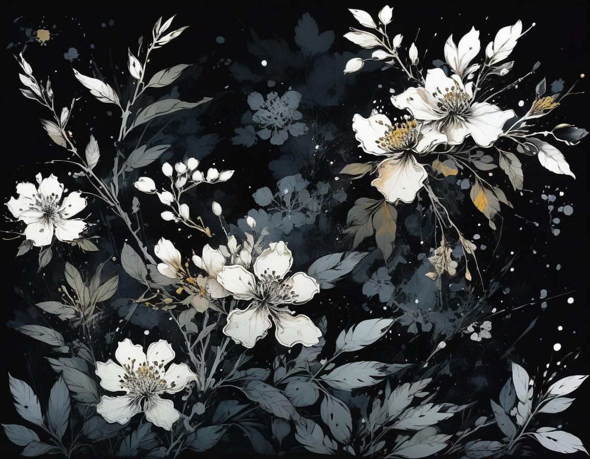 Botanical Pixel Art Flowers and Leaves with Ink Splashes