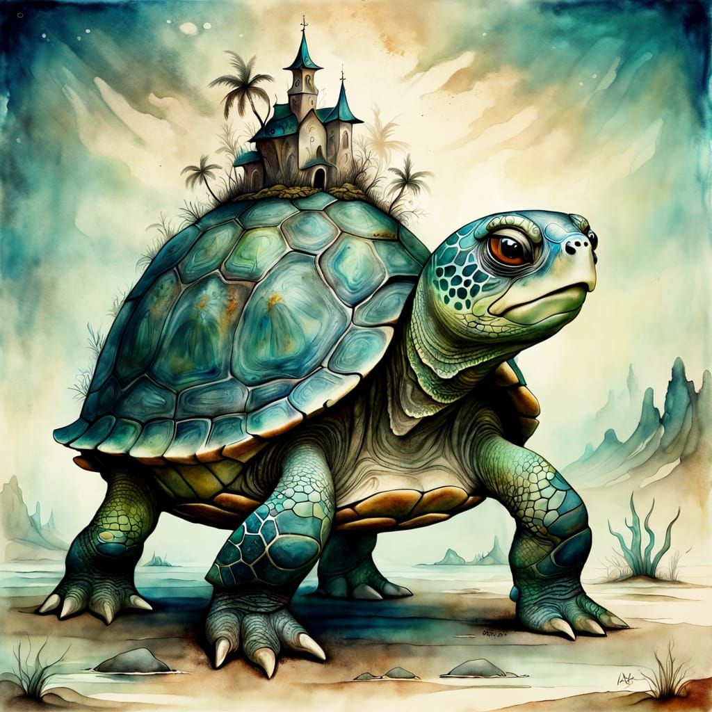 Surreal Ancient Turtle Painting with Whimsical Elements