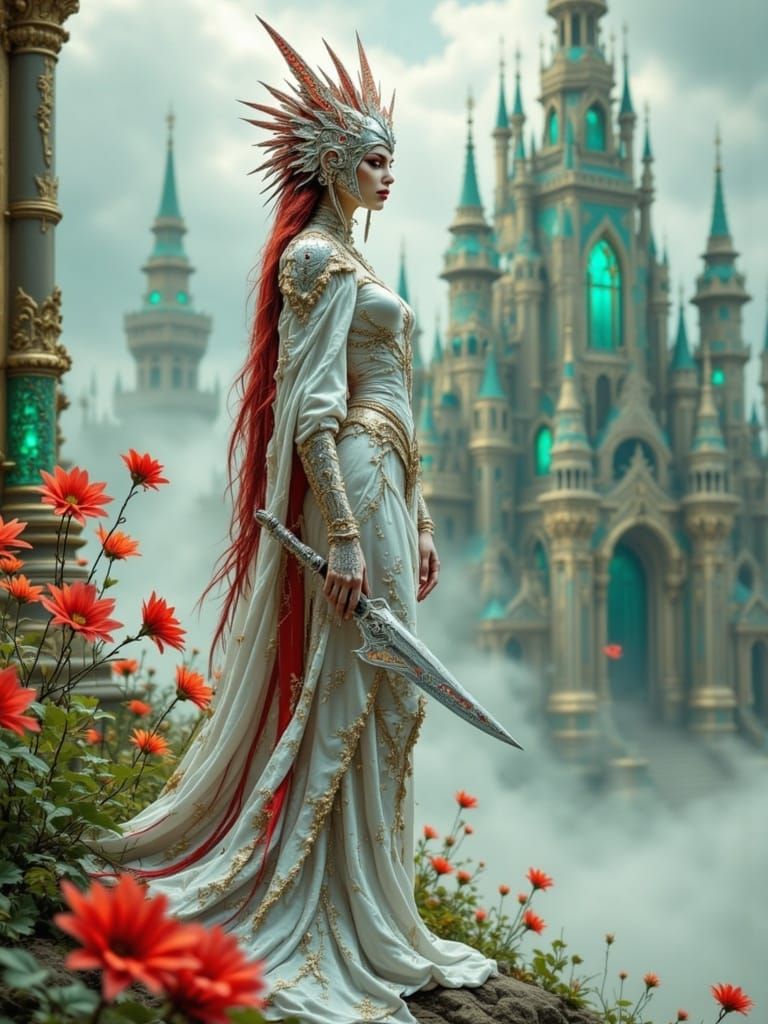 Regal Lady Warrior in Alien Armor with Ethereal Textures and...
