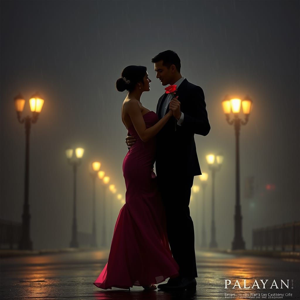 Romantic Couple Dancing in the Rain under Warm Streetlights