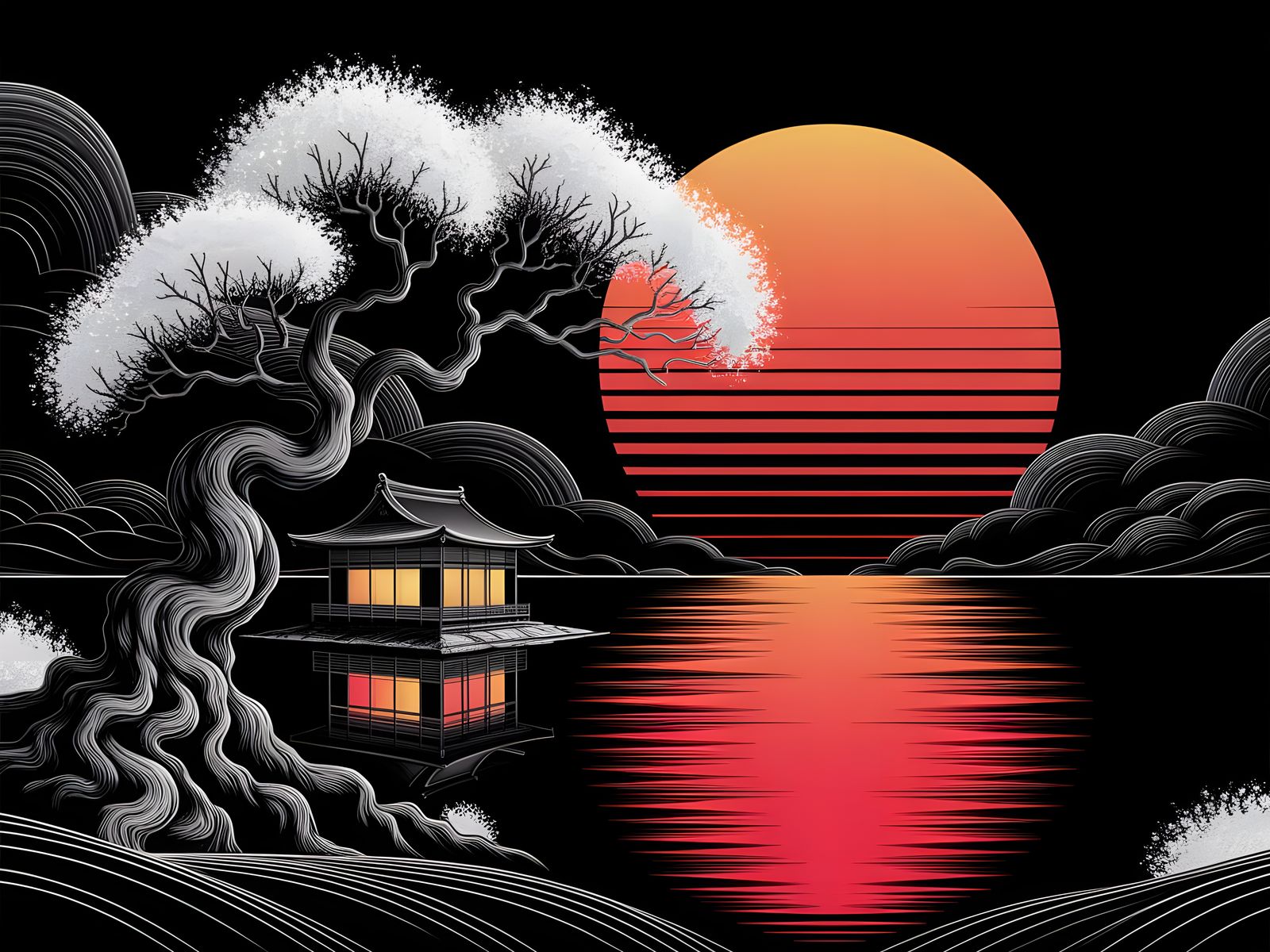 Japanese Tree Silhouette with Red Sun, Digital Painting