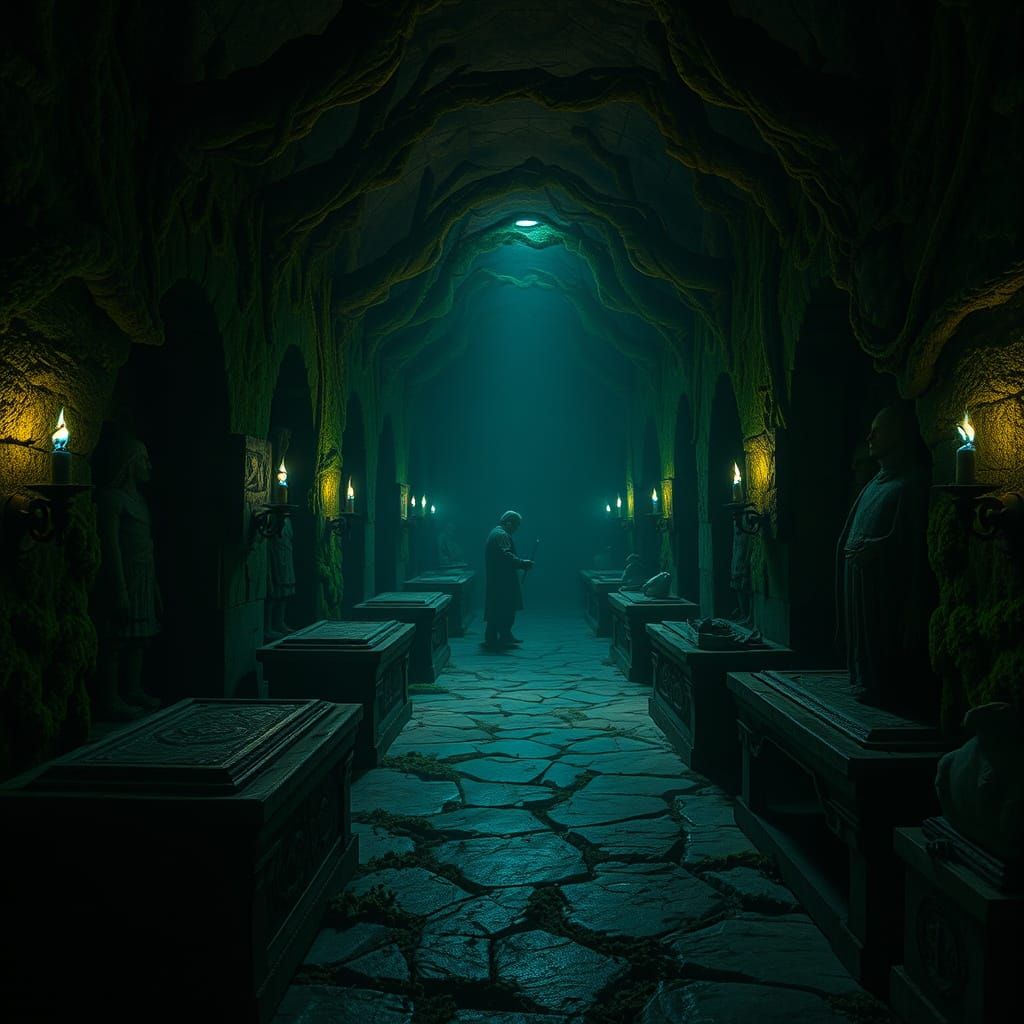 Mystical Crypt in Velvety Moss, Lit by Flickering Blue Flame...