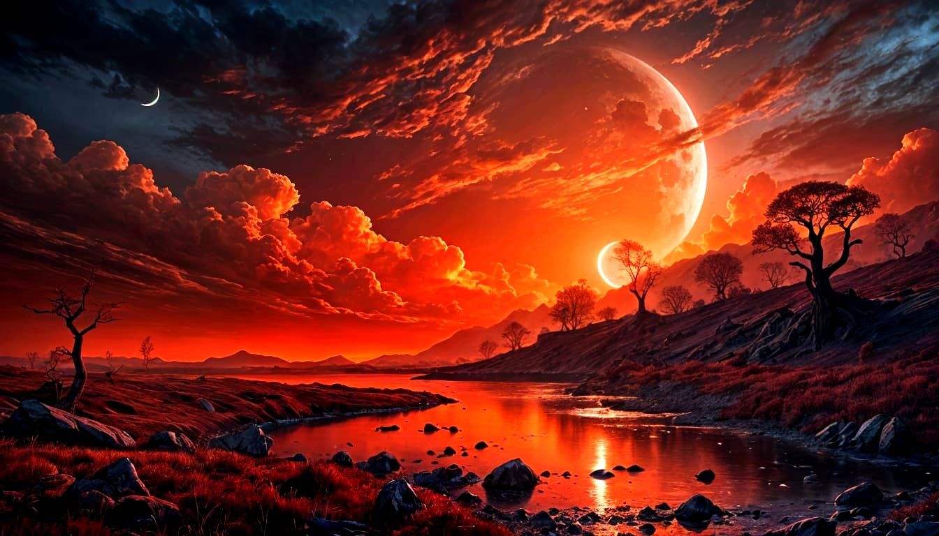 Surreal Red Landscape Under Blood Moon