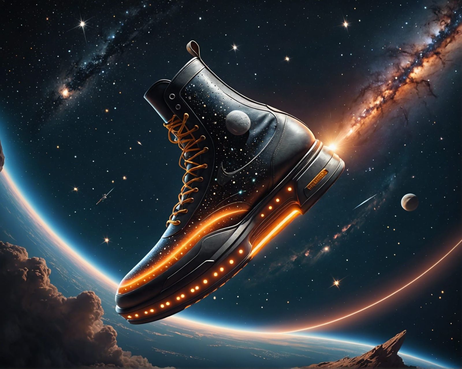 Giant Shoe Spacecraft Orbiting: Hyperrealistic Splash Art