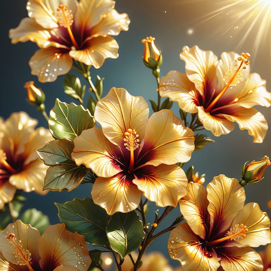Golden Crystal Hibiscus Flowers in Digital Art