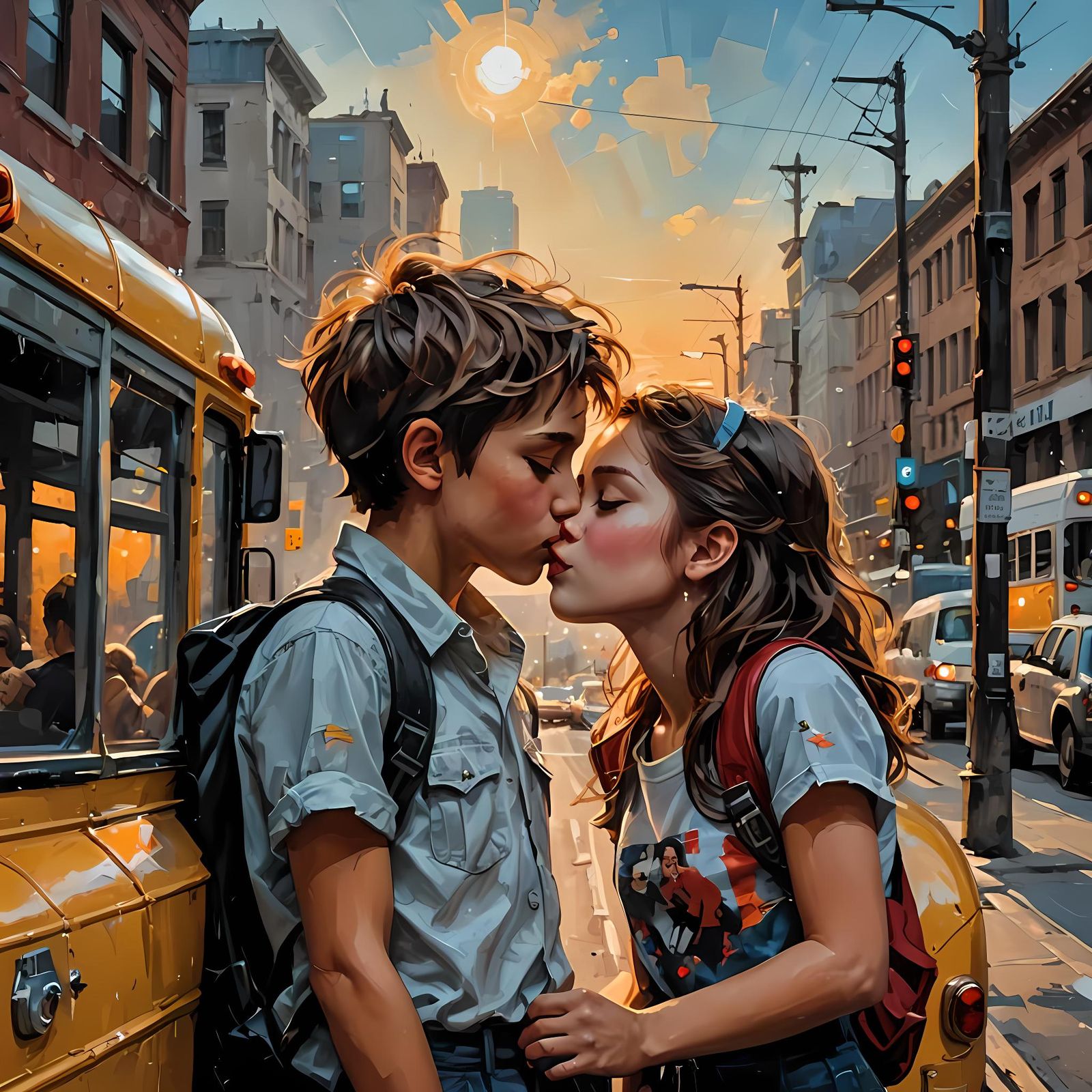 First Kiss: Dreamlike Acrylic Painting on School Bus