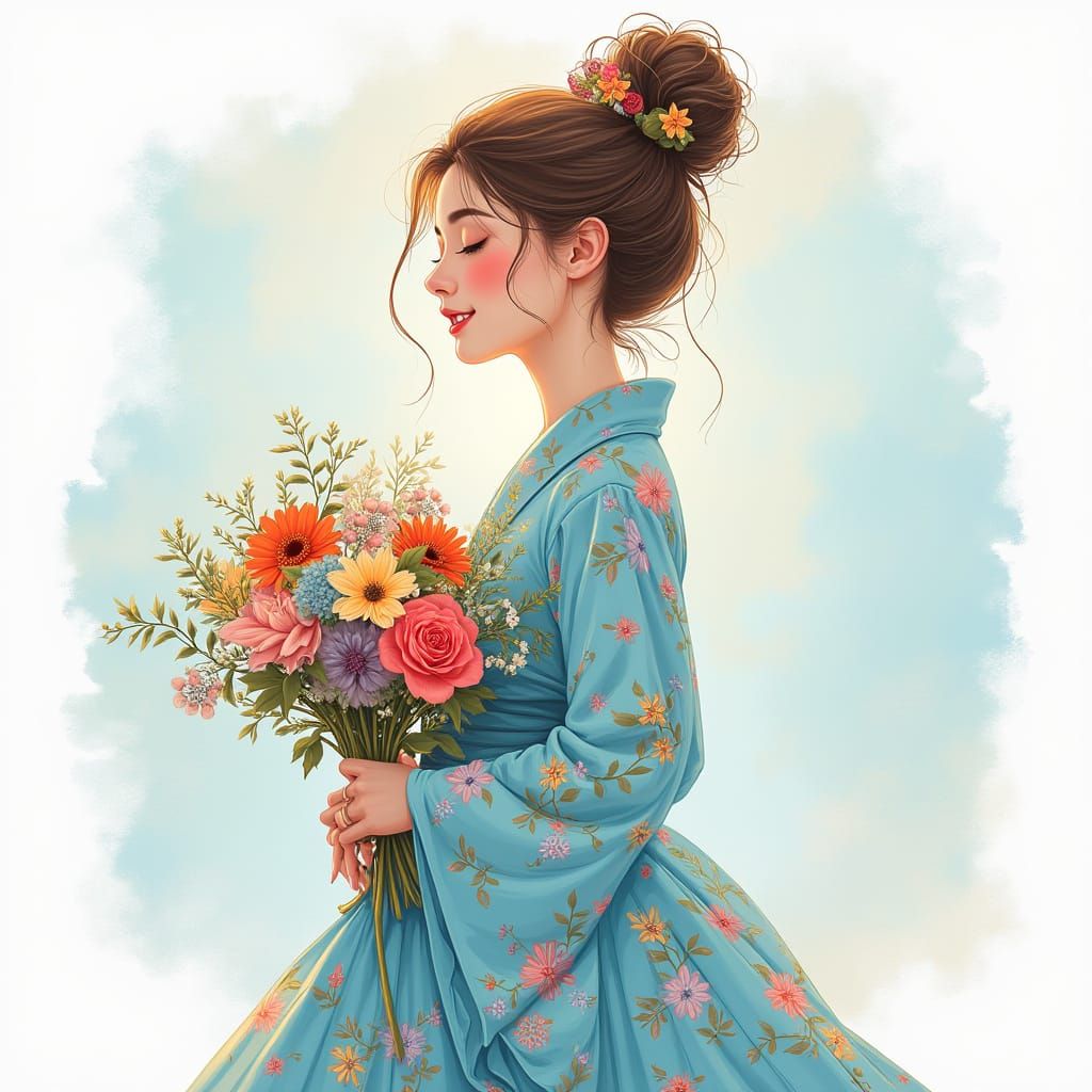 Elegant Woman in Spring Dress with Flowers