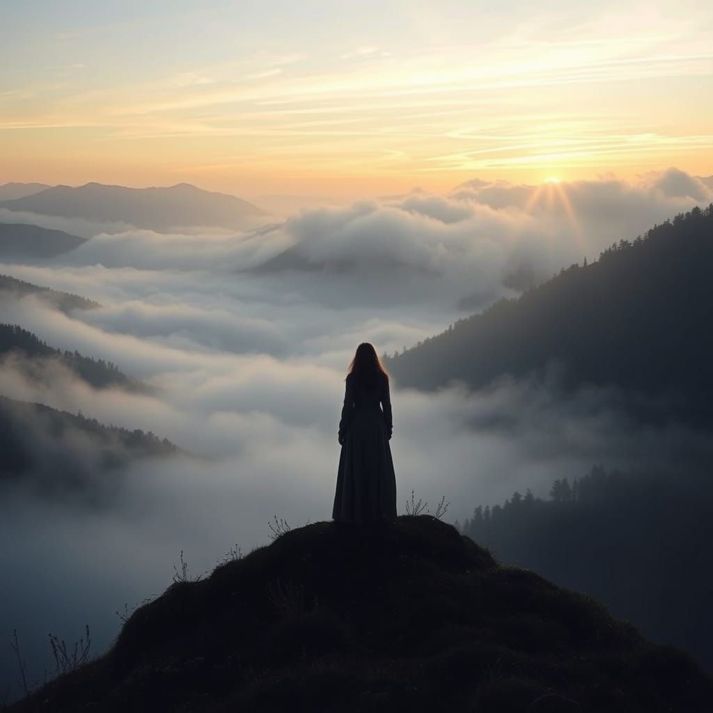 Woman on Misty Hilltop at Dawn in Romantic Style