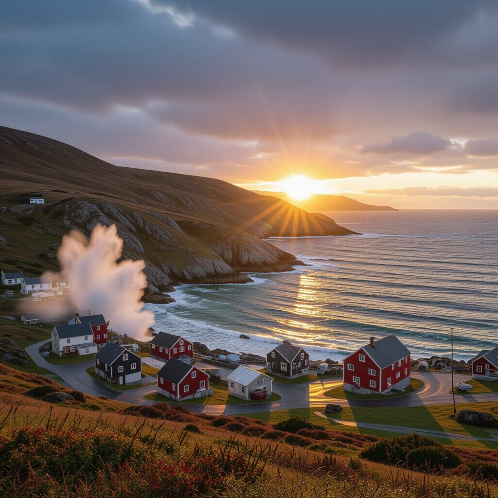 Rugged Scottish Coast at Sunset with Fishing Village