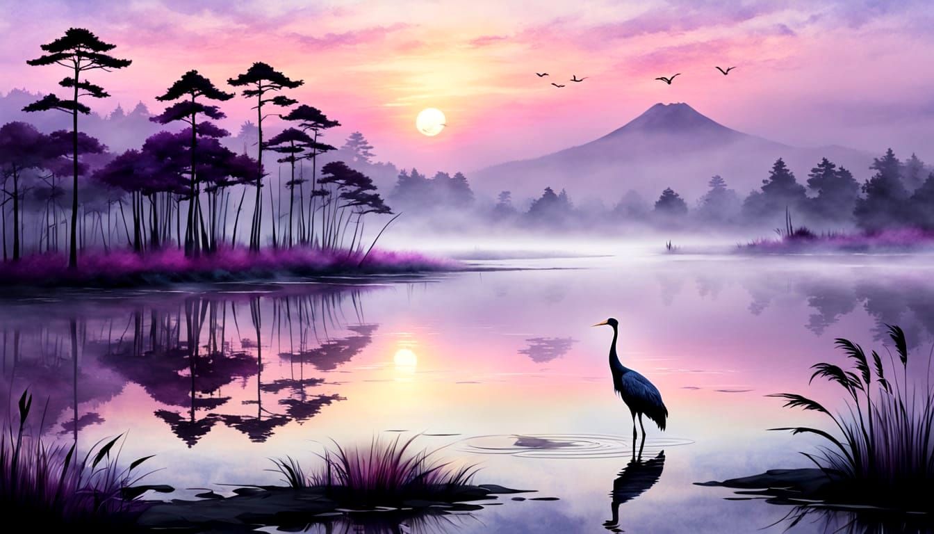 Majestic Japanese Sunset Over Mountains in Watercolor