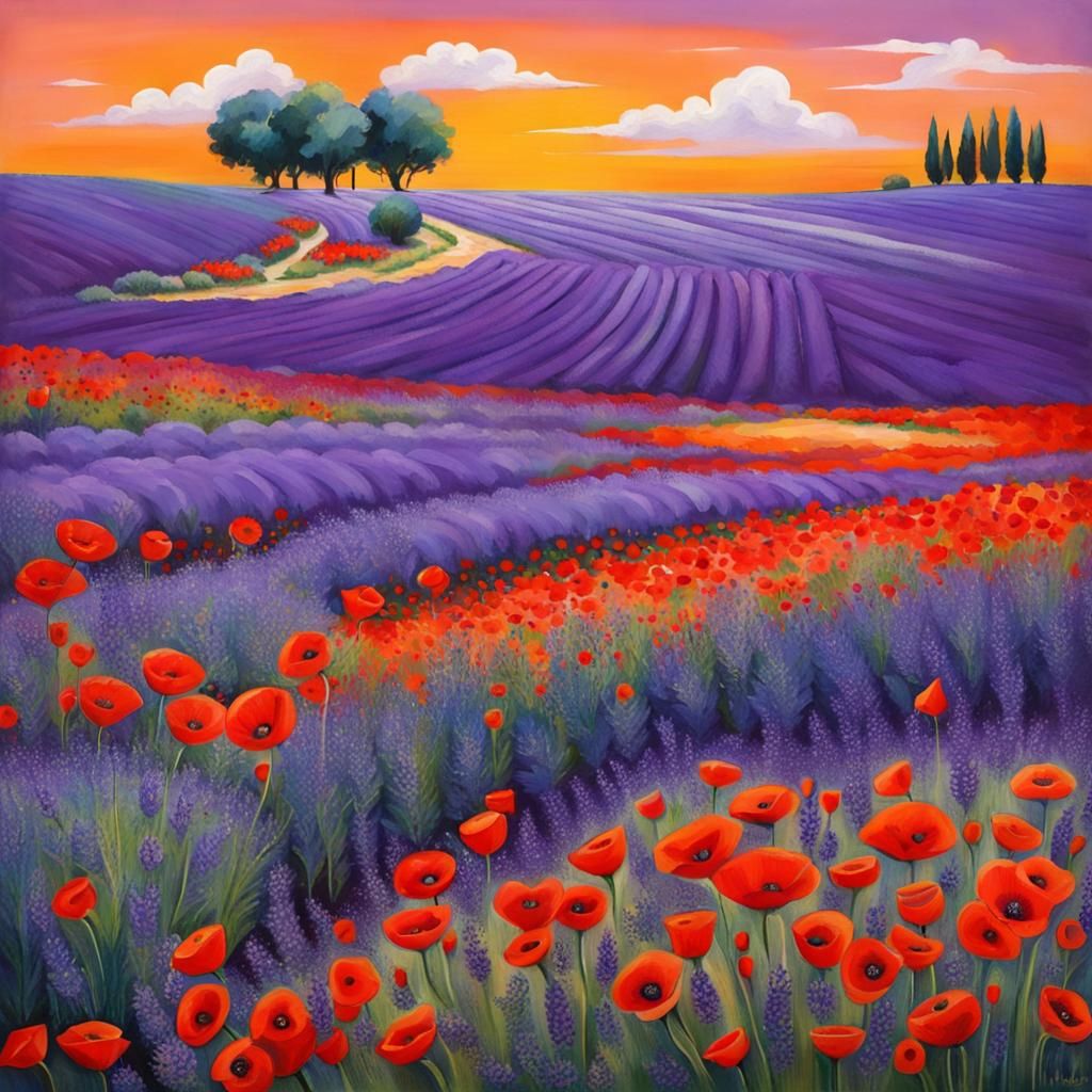 Colorful Flower Field with Lavender and Poppies