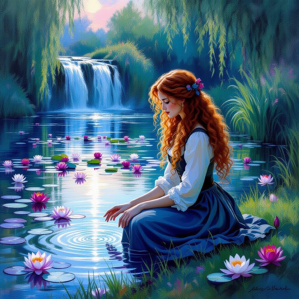 Dreamy Twilight Lake with Water Lilies and Waterfall