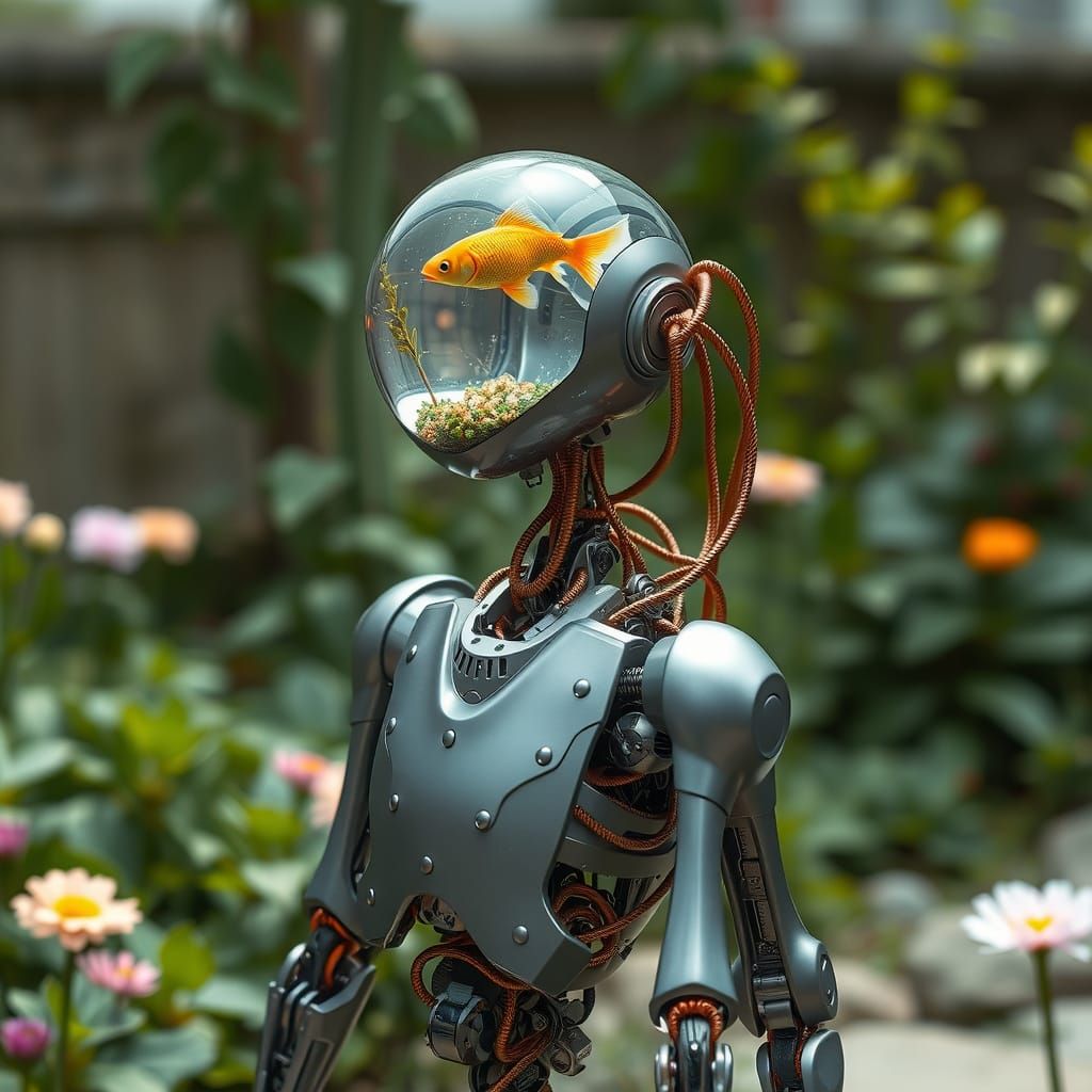Robot in Futuristic Garden, Syd Mead Style