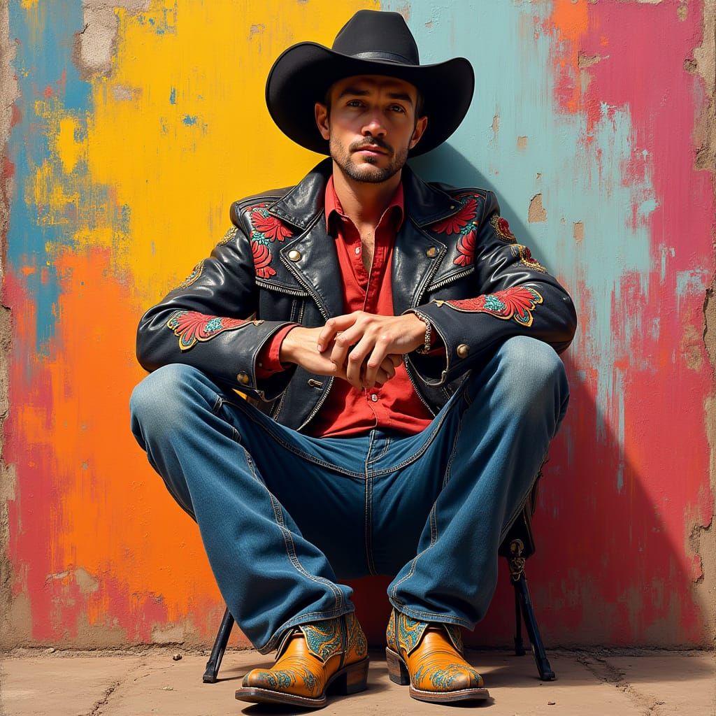 Charismatic Cowboy Rockstar Portrait in Vibrant Colors