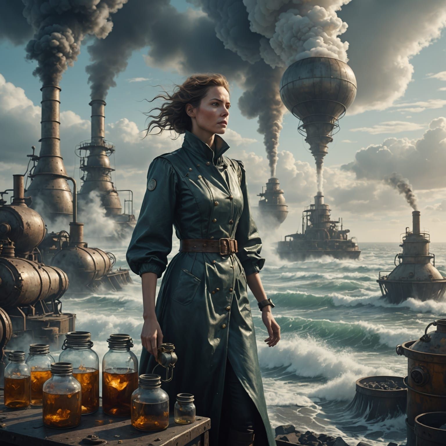 Futuristic Wasteland Sea with Woman and Distillery