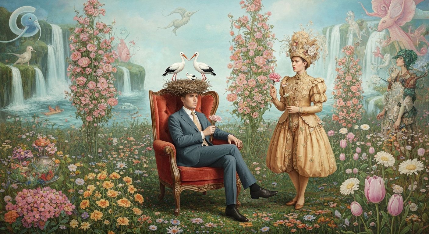 Whimsical Garden Party with Stork Nest, Klimt Style