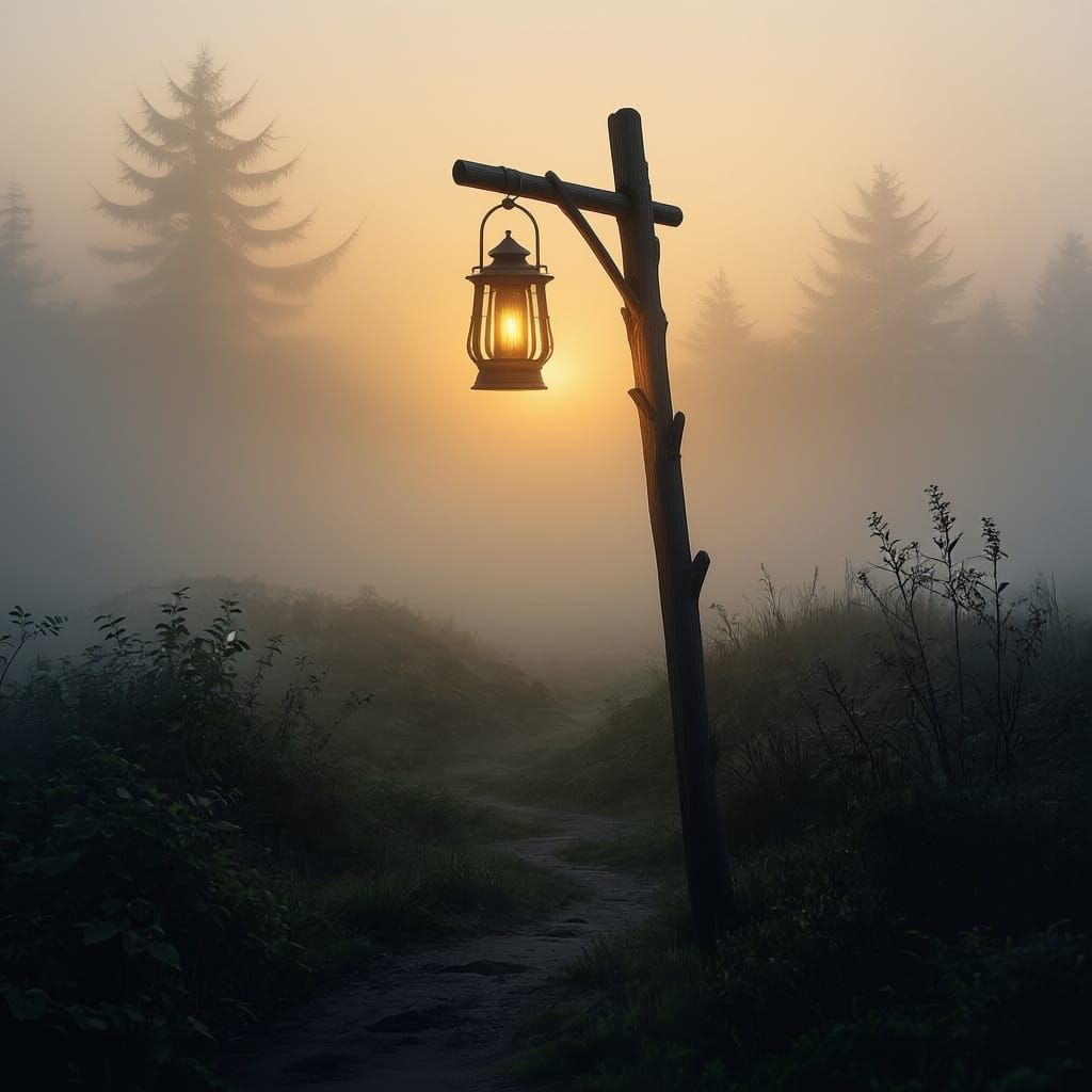 Antique Lantern Glows Through Mystical Fog