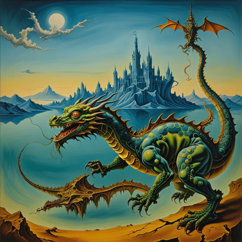 Surrealist Dragon in Melting Oil Painting