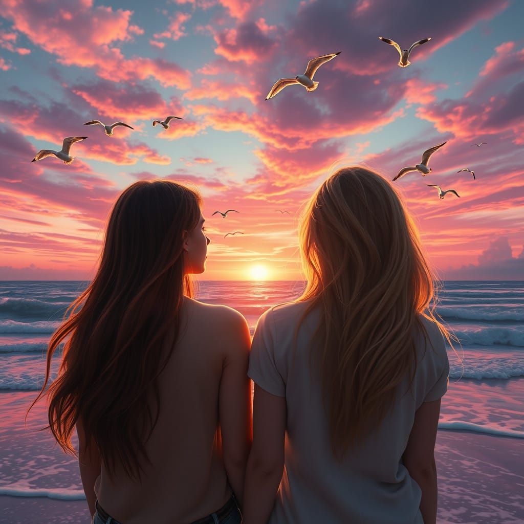Surreal Sunset Scene of 2 Teenagers at the Beach with Vibran...