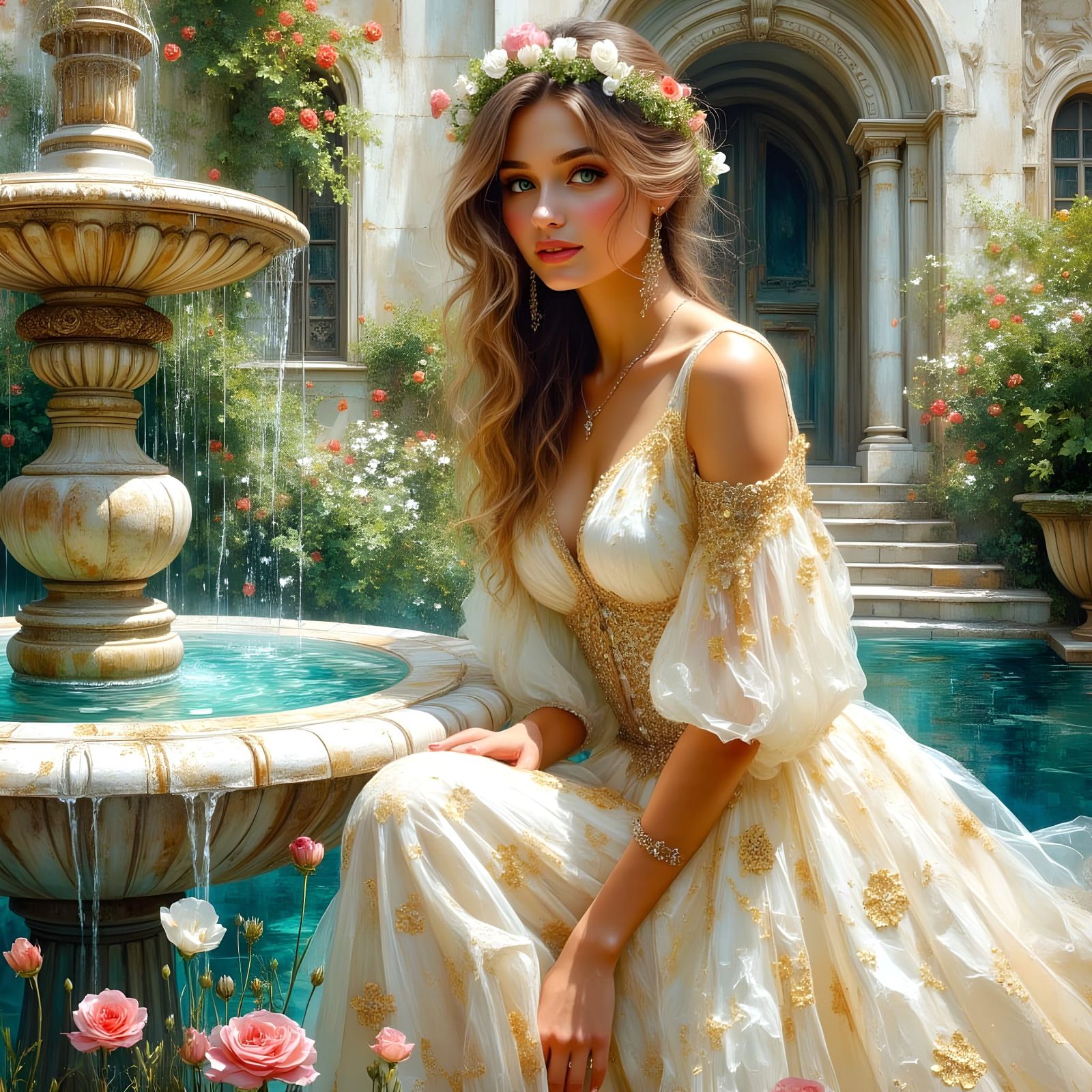 Smiling Woman in Courtyard, Impasto Oil Painting