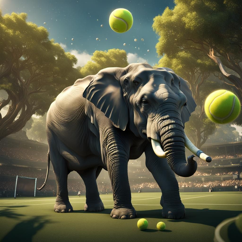 Elephant Playing Tennis Ball: Detailed Matte Painting