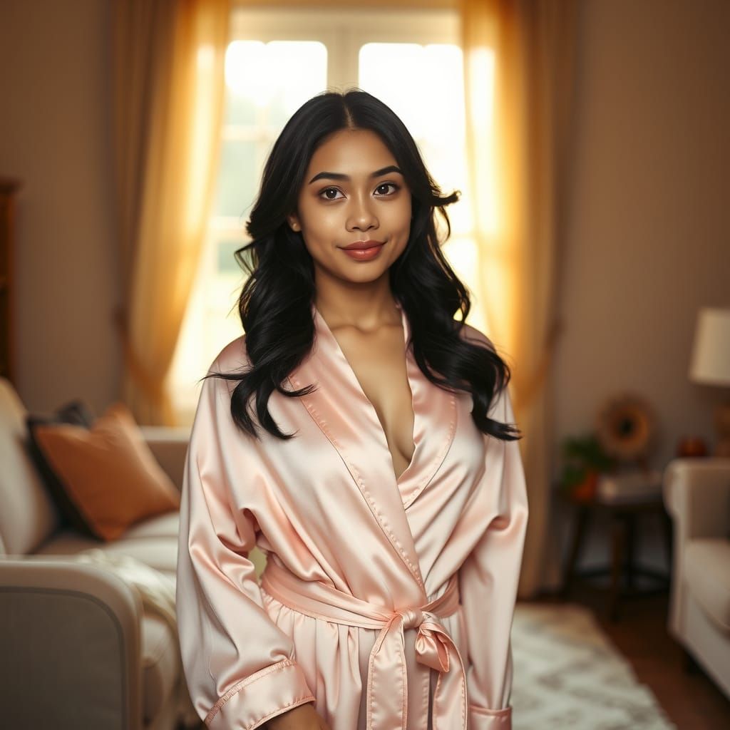 Filipina Woman in Cozy Living Room, Softly Lit by Warm Natur...