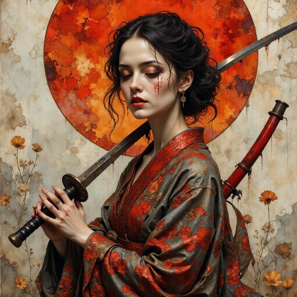 Melancholic Beauty: Asian Woman in Kimono with Katana