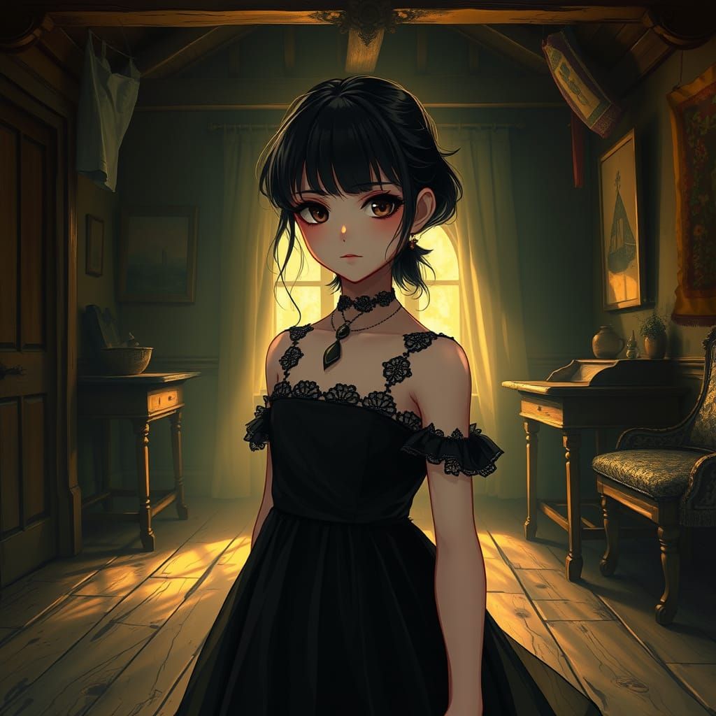 Mysterious Young Girl in Elegant Black Attire in a Rustic Ol...