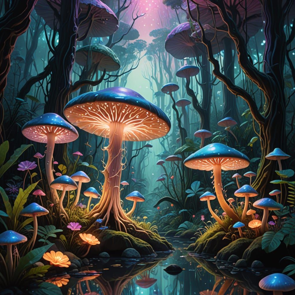 Bioluminescent Jungle Retreat in Psychedelic Surrealism