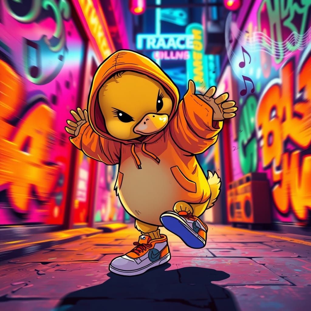 Cyberpunk Duckling Breakdancing in Neon Alley